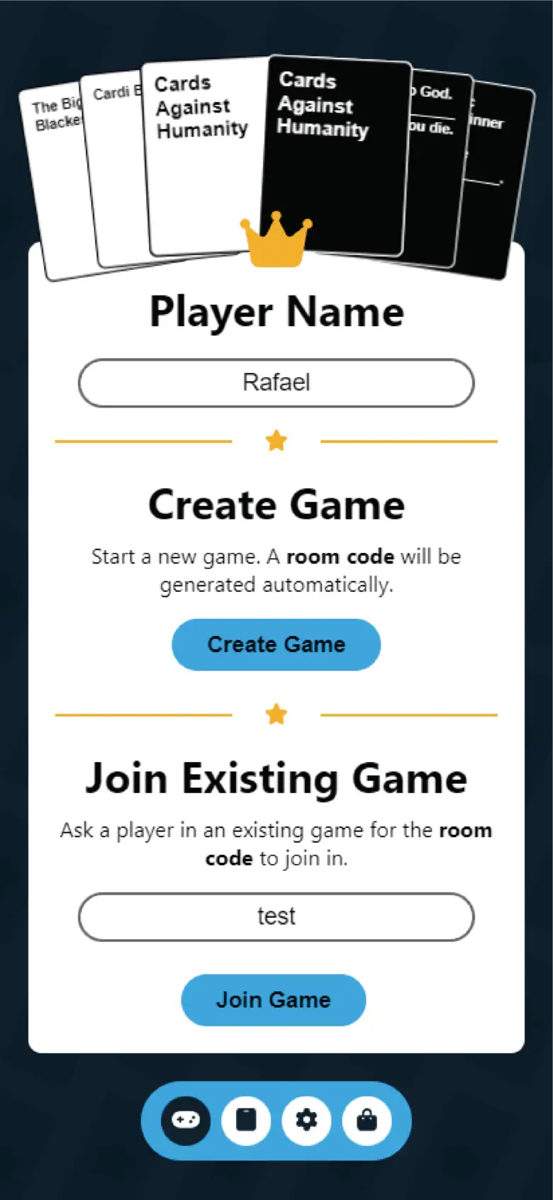 Card game website home screen